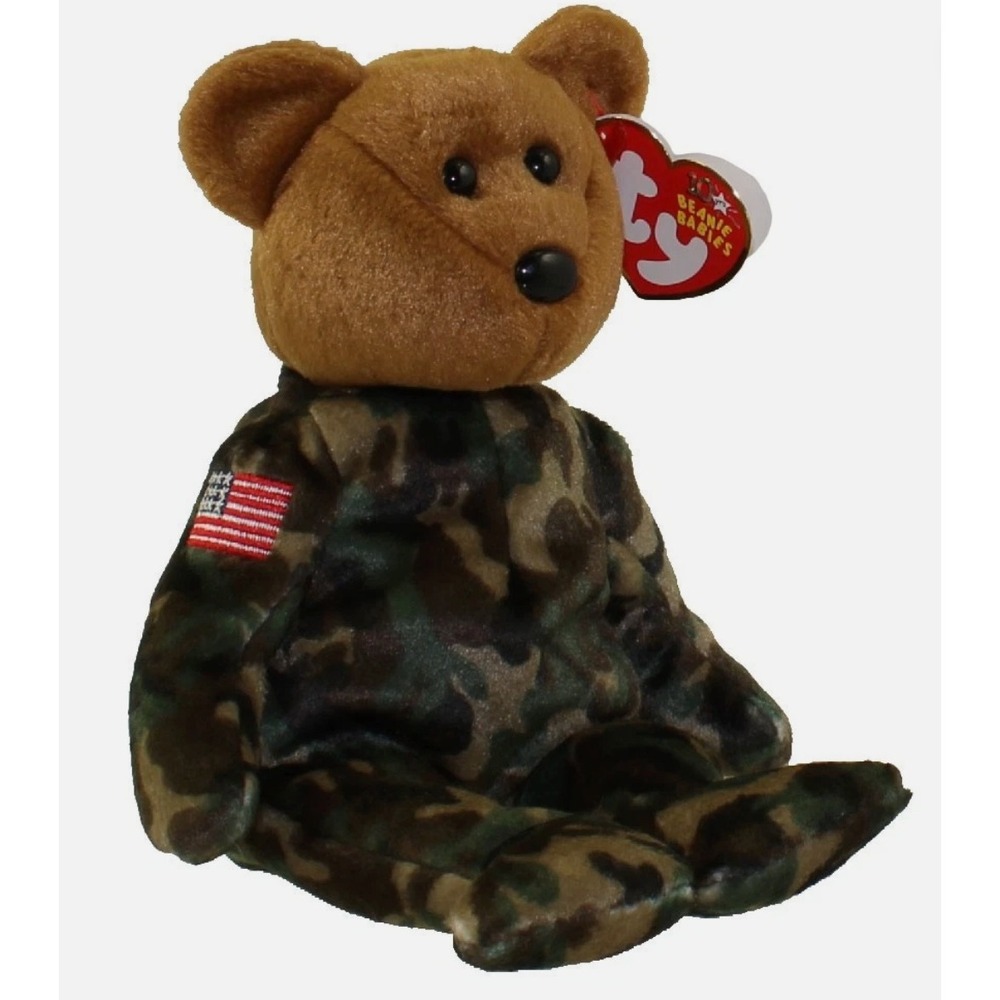 Ty‎ Beanie Babies Hero Bear Plush Toy OS Camo Brown Excellent USA Flag 2003